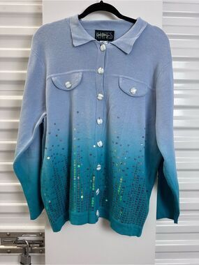Carol Patterson Knits blue ombré sweater embellished with sparkling sequins
